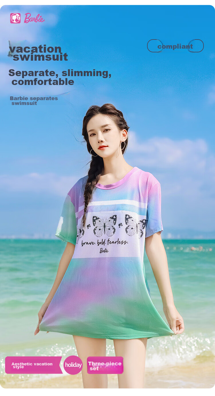 Barbie [Three-Piece Set] Women's Two-Piece Swimsuit, Tummy Control Slimming Boyshort Swimwear for Beach Vacation And Hot Springs 2