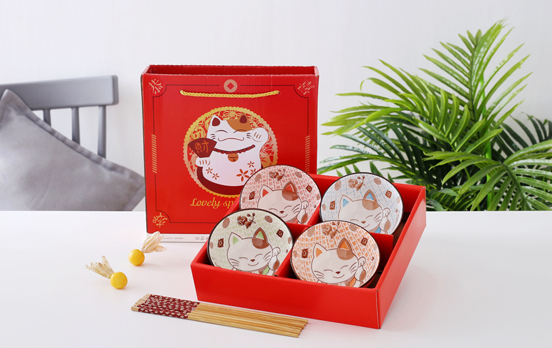 Taixinxing 4.5-Inch Underglaze Color Bowl And Chopsticks Set, Wedding Banquet Gift Set, Four Bowls And Four Chopsticks in Gift Box, Qingyao 1