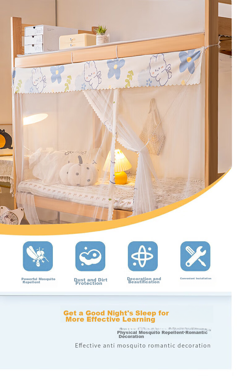 XI HAN Student Dormitory Dust-Proof Mosquito Net for 0.9m Bed, Blue Flower Rabbit Design, Dense Mesh, Suitable for Bunk Beds, Pole Not Included 1