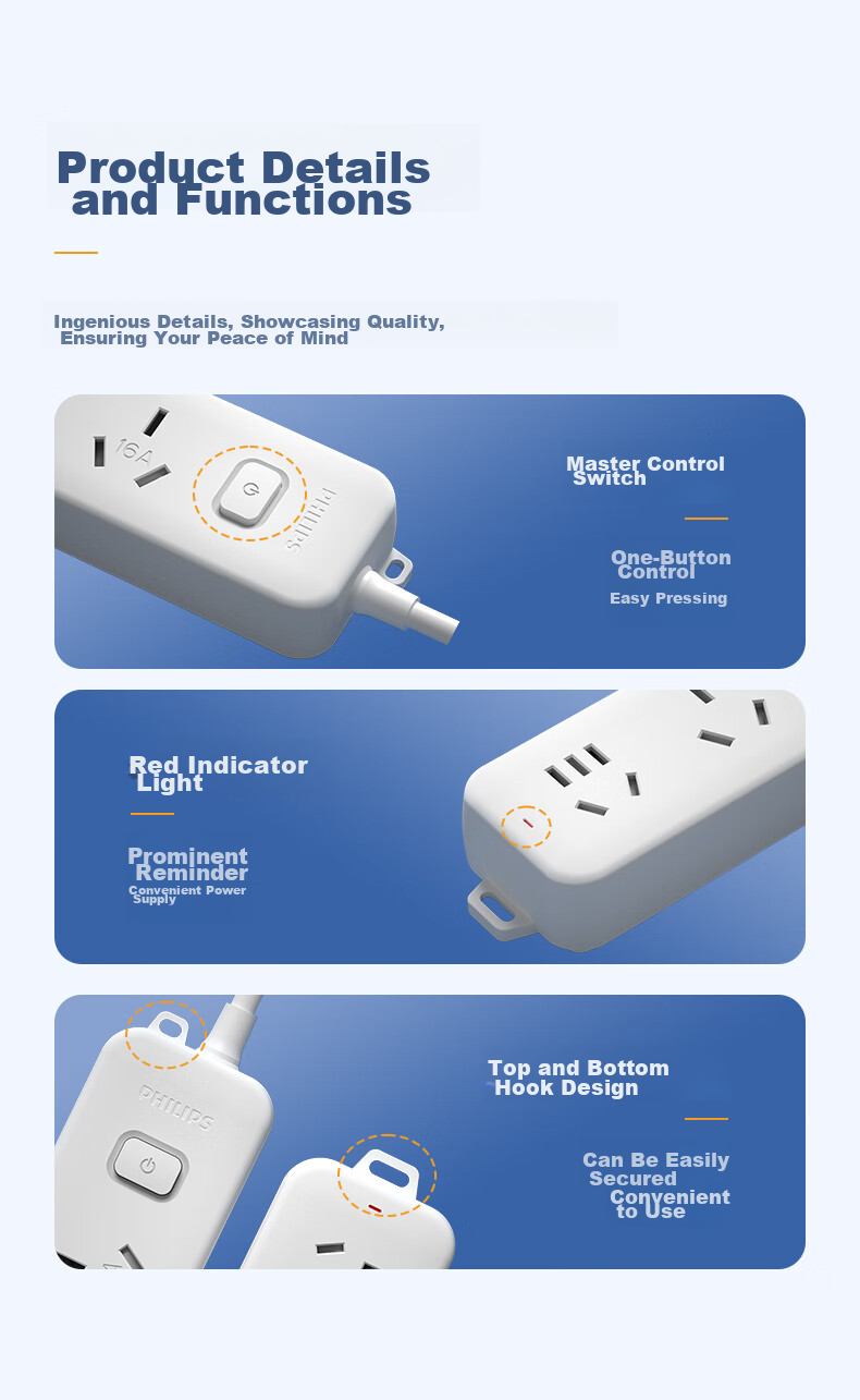 PHILIPS 16A High-Power Socket, 1 Outlet, 0.8 Meter, Specially Designed for Air Conditioners And Water Heaters, Power Strip/power Bar/power Board/power Cord 10