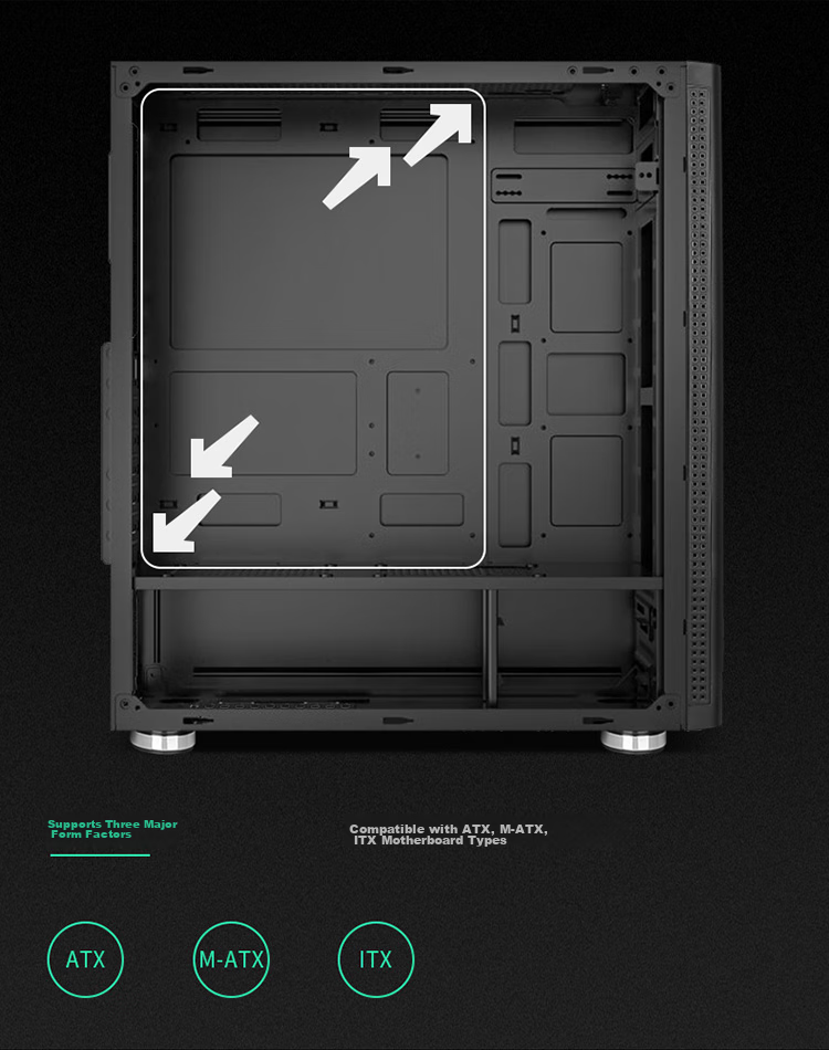 Huntkey GS500C Black Case (Side Panel Window/ATX Motherboard Support/Wide Gaming PC Case/Long Graphics Card Support/Black Cable Management/Gold-Stamped Feet) 14