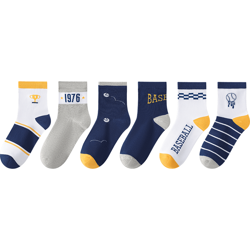 LangSha Children's Socks, Boys' Mid-Calf Socks, Cotton Breathable Baby Socks, Short Socks for Older Children, 6 Pairs, Sports Digital Style