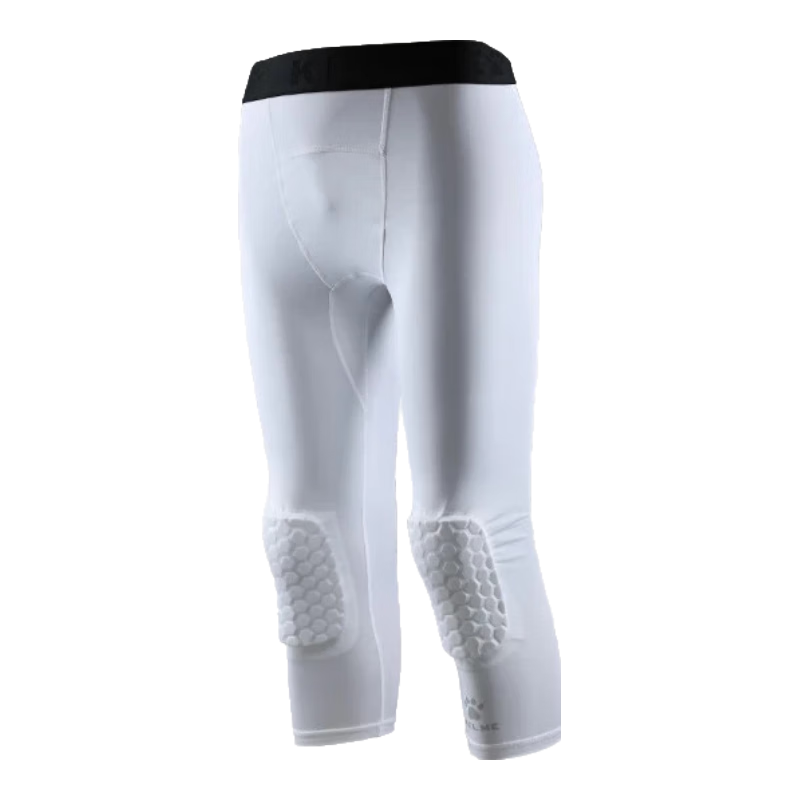 KELME Knee Pads, Basketball Three-Quarter Length Sports Compression Shorts, Men's Honeycomb Anti-Collision Leg Guards, Training Base Layer Pants, White, XL