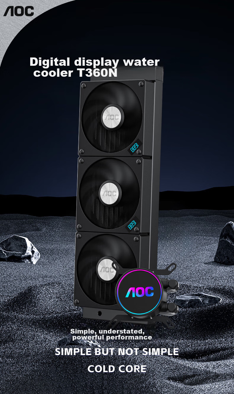 AOC T360NB Black, All-In CPU Liquid Cooler, Supports LGA1700/1851/PWM Temperature Control/Speed Display/2200 RPM Ultra-Quiet Fan without Light 1