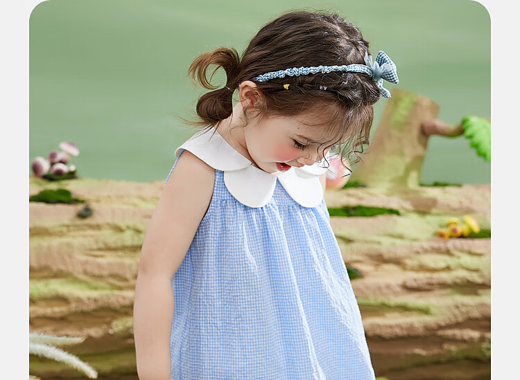 ASK JUNIOR Girls' Sleeveless Dress Summer Thin Petal Collar Plaid Casual Dress Blue Size 90 20