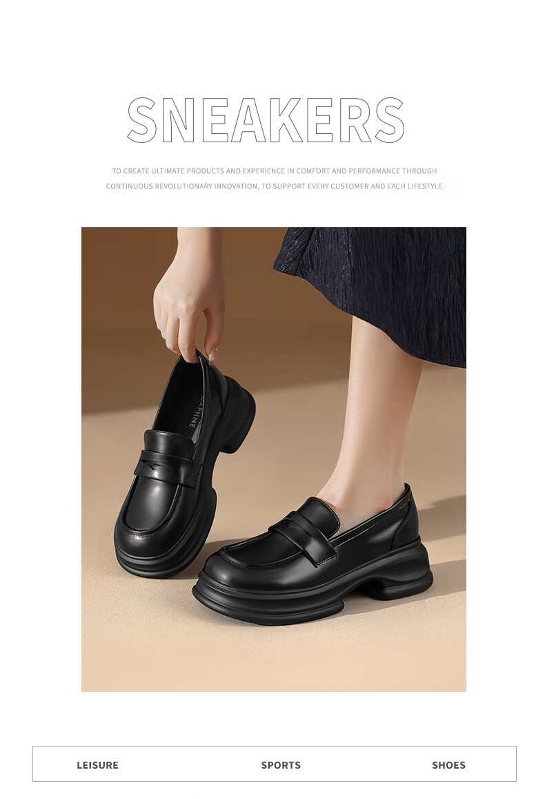 DAPHNE Women's Single Shoes, Cowhide Thick-Soled Loafers, Slip-On Leather Shoes, Women's Footwear 4023404375, Black, Size 36 7