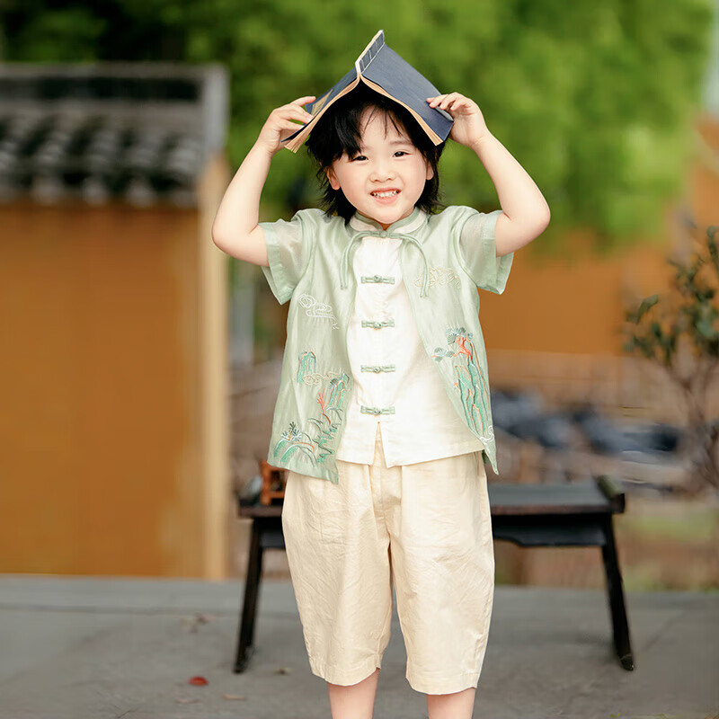 Menghu Xishan Hanfu Boys' 2026 New Tang Suit, Chinese Style New Children's Outfit, Green Top, Size 90