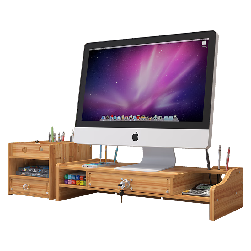 Shuranjia Monitor Riser Stand, Desktop Organizer with Drawer, Cherry Wood Color, SZ08-2