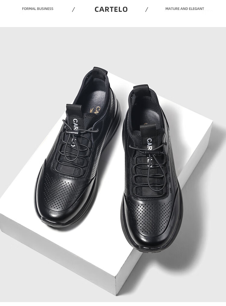 CARTELO Genuine Leather Men's Shoes, Business Casual Sports New Style for Autumn And Winter, Soft Thick-Soled Versatile Commuter Work High-End Black 28