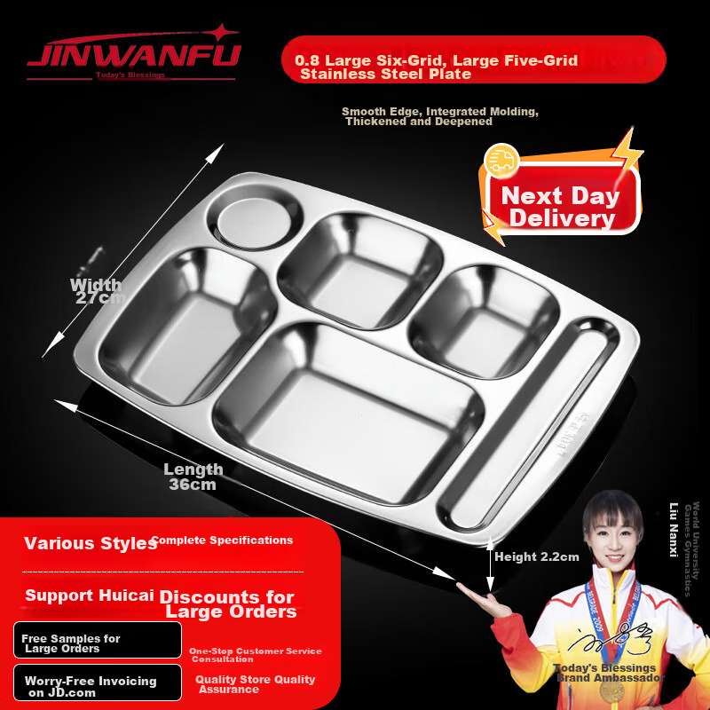 Jinwanfu Stainless Steel Divided Plate for School Cafeteria, 304 Stainless Steel Compartmented Dining Tray, 0.8mm Thick, 350g, Large Six Compartments