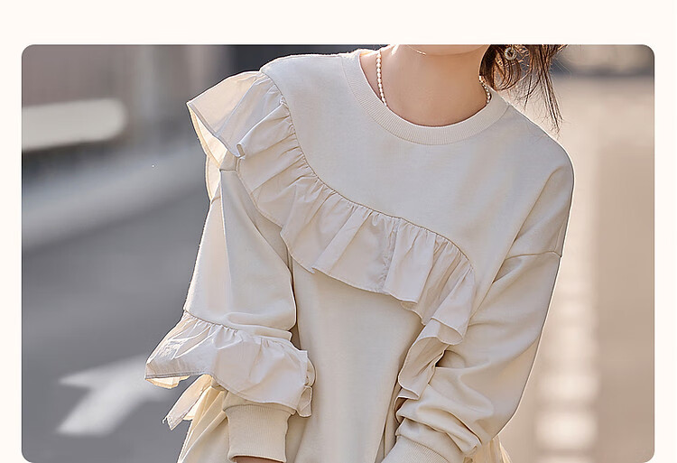 Dme [French Romantic Lace Trim] Spring And Autumn Round Neck Cotton Long Sleeve Slightly Stretchy Loose Elegant Sweatshirt Women's Top 4