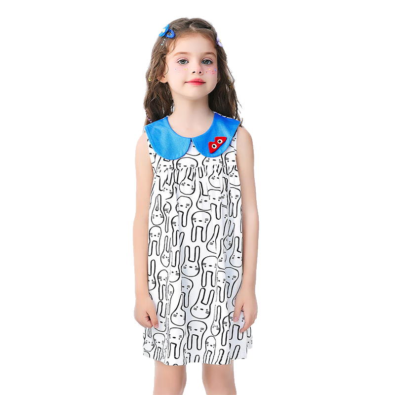 Mini Wooden House Children's Dress Summer Girls Cute Doll Collar Short Sleeve Dress Breathable Black Little Rabbit 130