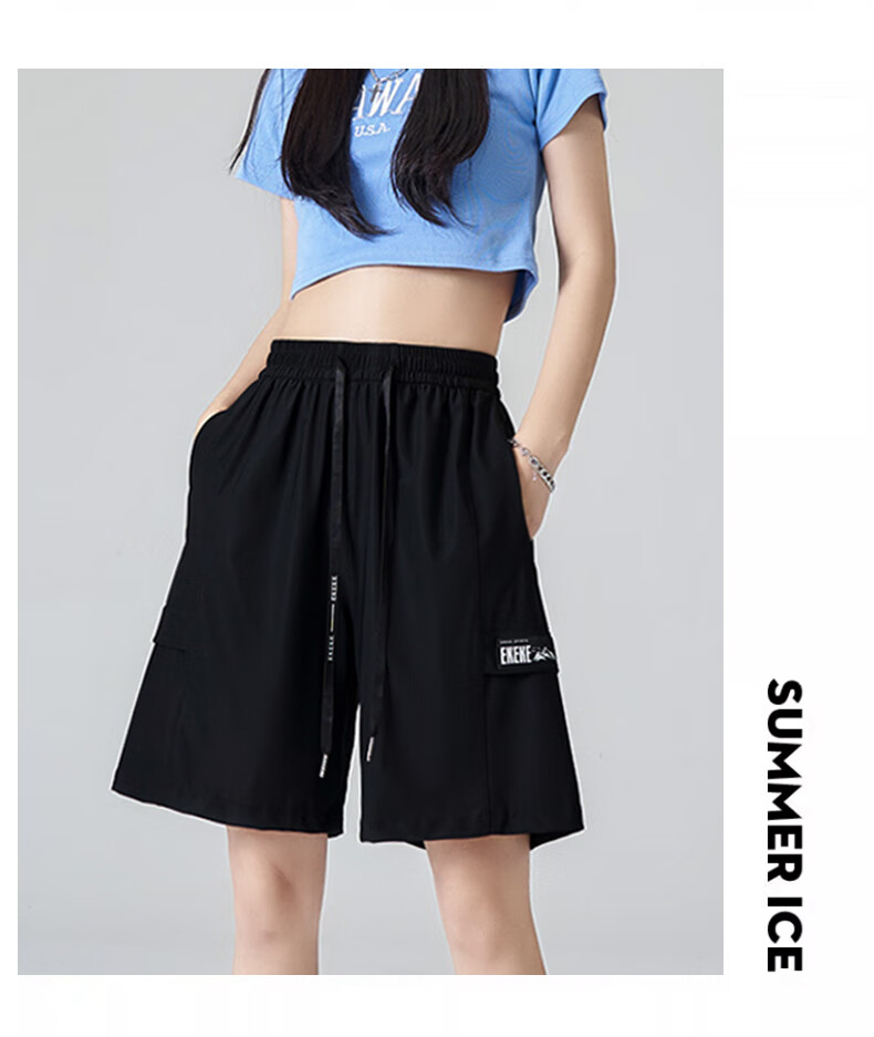 XUEXIMAN Women's Sports Shorts, Summer Lightweight Loose Straight-Leg Cargo Shorts, High-Waist Quick-Dry Wide-Leg Black Mid-Length Shorts 13