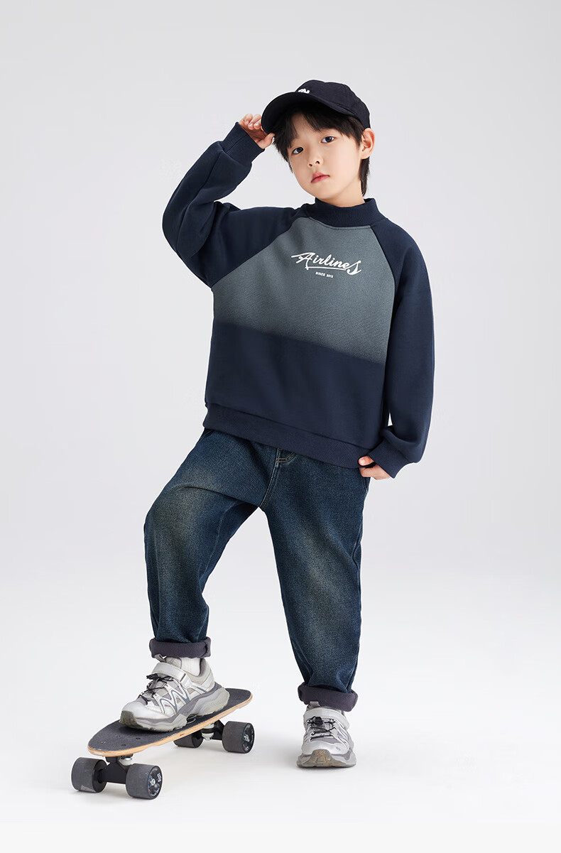 Zuo Xi Boys' Fleece-Lined Sweatshirt 2025 New Winter Thickened Top Stylish Boys' Winter Wear Navy Blue 150 3