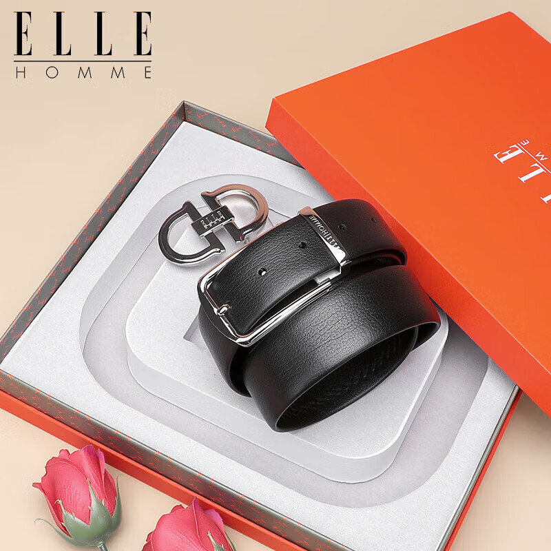ELLE HOMME Men's Belt, Top-Grain Leather Buckle + Pin Buckle Belt, Stainless Steel Buckle Set, Birthday Gift for Me