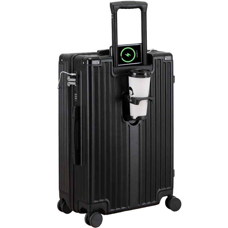 Huahuagongzi Luggage Suitcase for Women And Men, Carry-On Trolley Case, Large Capacity Travel Suitcase with Password Lock for Students, Leather Case, 26 Inches, Black
