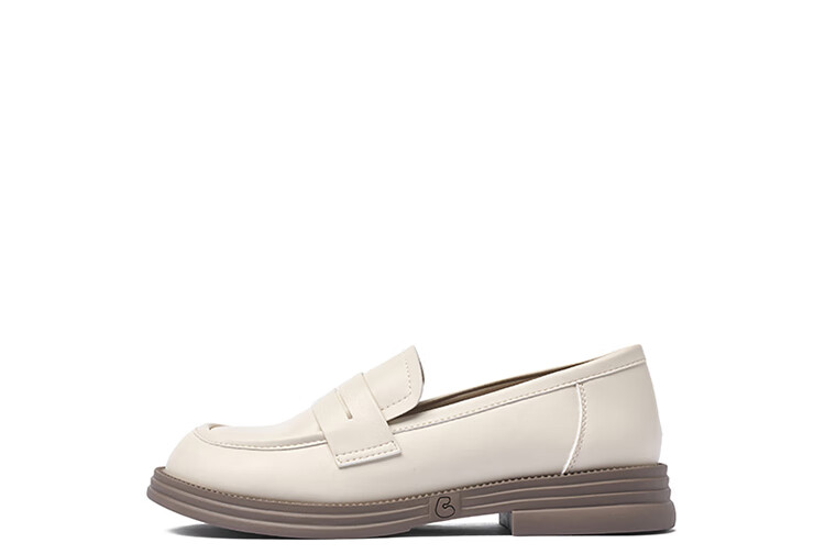 Josiny Women's Loafers, Spring New Slip-On Flats, British Style Soft-Soled Black Leather Shoes, Beige, Size 38 22