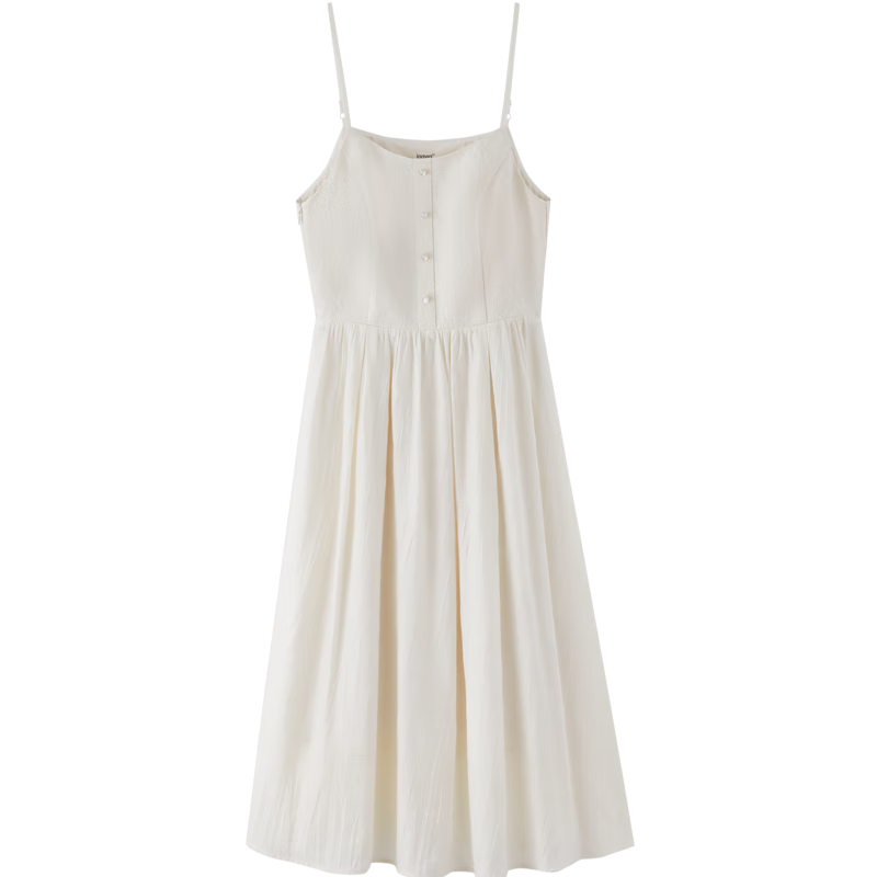 INMAN Summer Jacquard Texture Women's Solid Color Spaghetti Strap Dress, Slimming Versatile Mid-Length Dress, Pastoral Apricot, XL