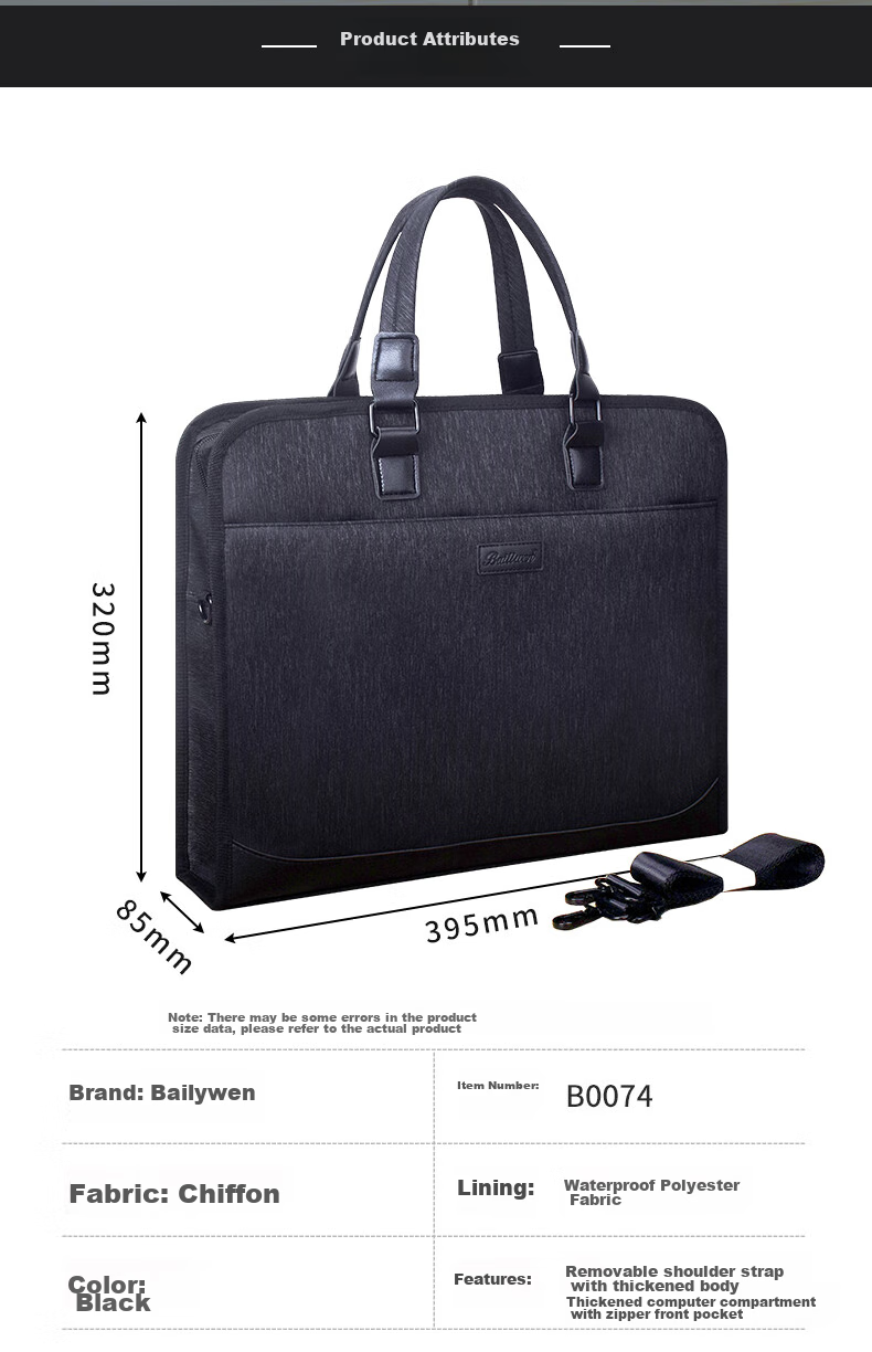 Bailiwen B0074 Black 3D Double-Layer Handbag, Office Meeting Bag, Document Bag, Handheld Shoulder Crossbody Large Capacity Men's Briefcase, Laptop Bag, Business Office Bag, Conference Handbag 2