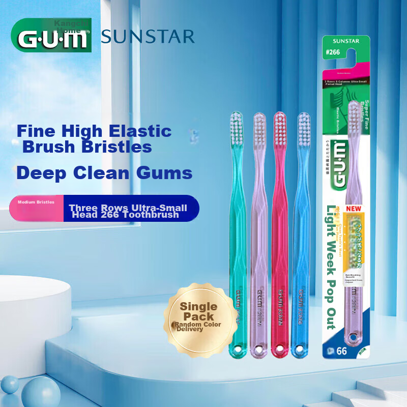 G路U路M Kangzhi Jia Elastic Thin Bristle Deep Cleaning Toothbrush for Adults, Medium Bristles, 1 Pack #266 (Random Color)