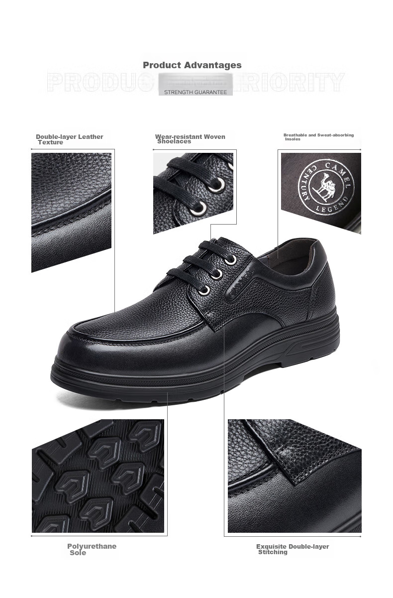 CAMEL Leather Lace-Up Middle-Aged Dad Shoes, Height-Increasing Classic Business Casual Leather Shoes for Men, G15A211067, Black, Size 38 5