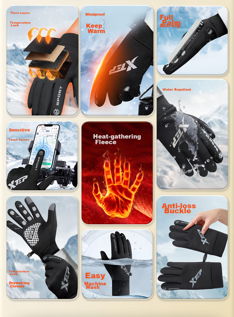 XTEP Gloves, Winter Cycling, Warm, Windproof, for Electric Motorcycles, Running, Outdoor Skiing, Men's And Women's Bicycles, Fleece-Lined, Touchscreen Compatible 8