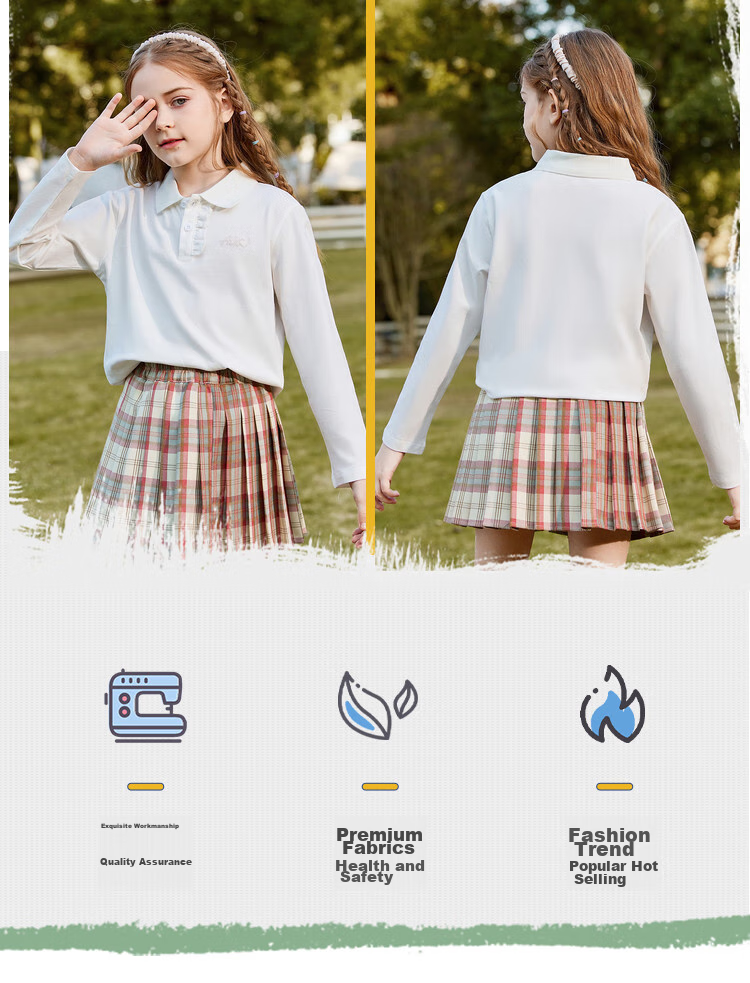 ASK JUNIOR Girls' T-Shirt, 2026 Autumn Collection, Solid Color Sports Casual Versatile Children's Running Polo Shirt, White, Size 120 5