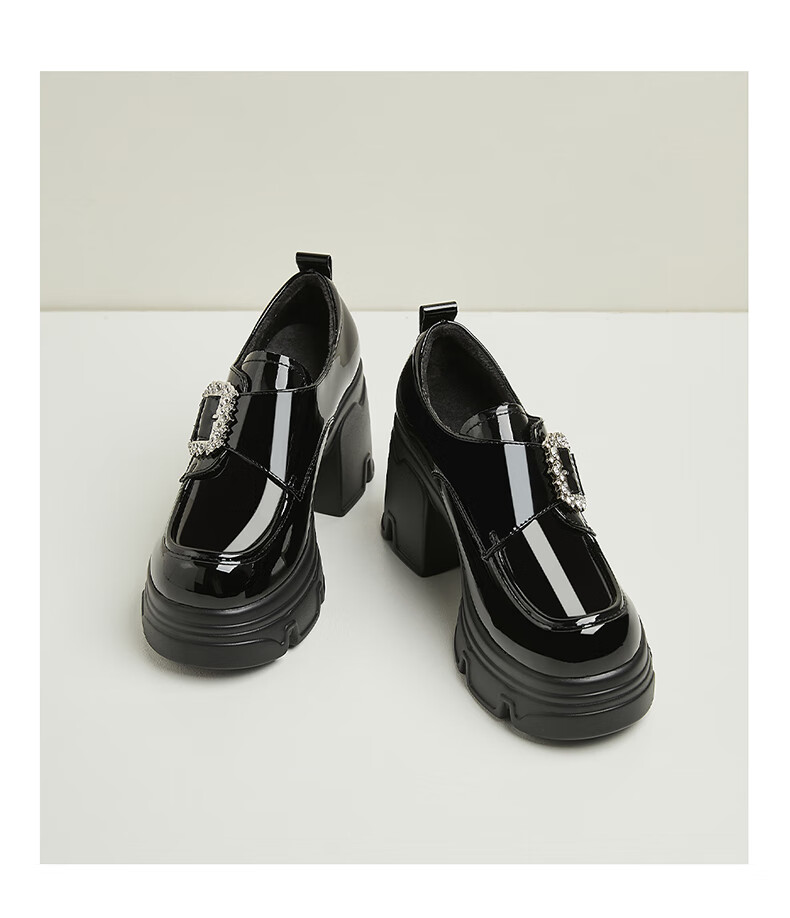 DAPHNE Thick-Soled Loafers for Women, Chunky Heel Deep-Mouth Leather Shoes, Fashionable Versatile High Heels, Women's Shoes, Single Shoes, Black, Size 34 14