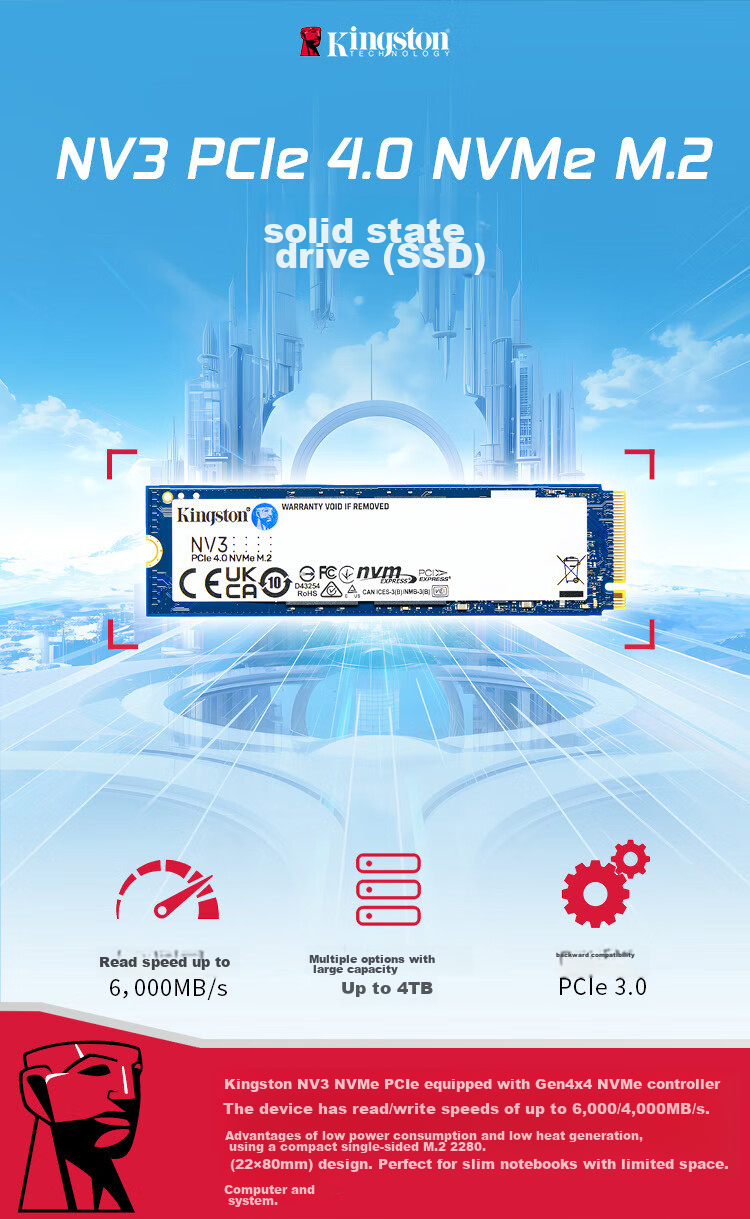 Kingston 1TB SSD M.2 (NVMe PCIe 4.0×4) NV3 Series, Read Speed 6000MB/s, AI Computer Accessories 1