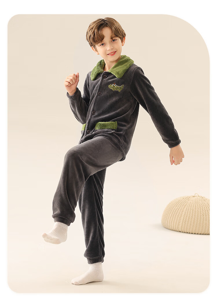LangSha Children's Pajamas, Boys' Autumn And Winter Thickened Sleepwear, for Older Kids And Teenagers, Baby Flannel Lapel Loungewear, Warm Set 1
