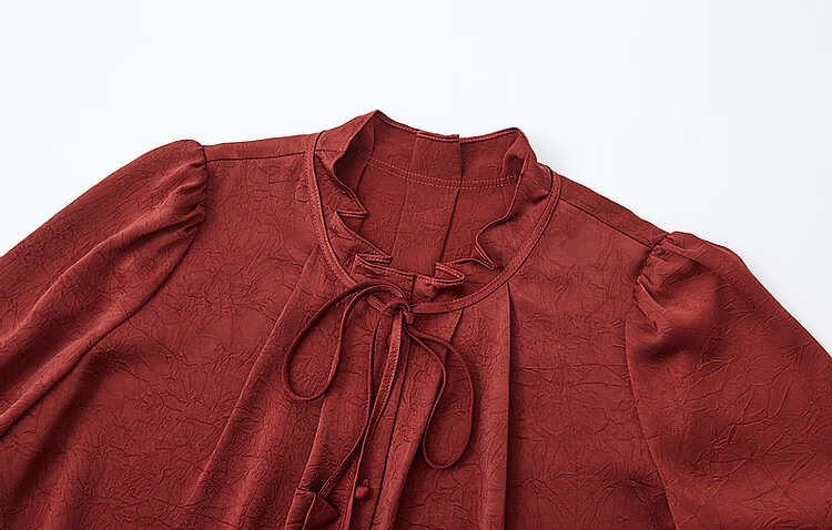Dme [Ankeala Red] Elegant Office Blouse for Spring And Autumn, Wrinkled Shiny Ruffle Puff Sleeve Shirt Women's Top 18