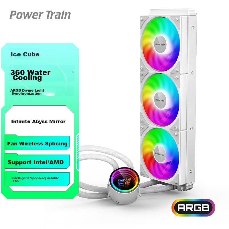 PowerTrain Ice Cube DL360 Integrated Water-Cooled White CPU Cooler ARGB Lighting Synchronized Case for Desktop Computer Host 1700/1200/1150/1151/AM4/AM5