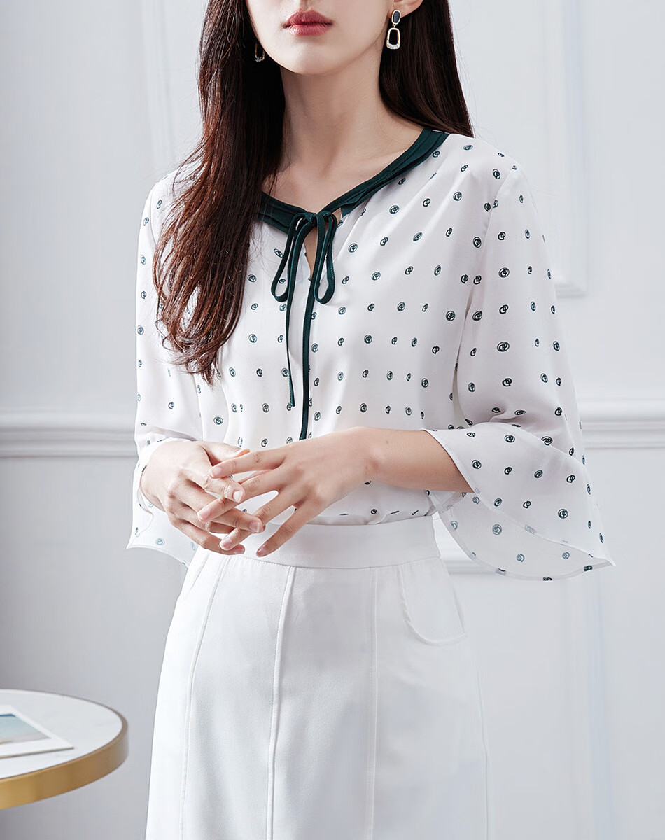 Dme Contrast Color Lace Trim Three-Quarter Sleeve Blouse Fashion Design Versatile Casual Shirt for Women, Off-White, Size S 1