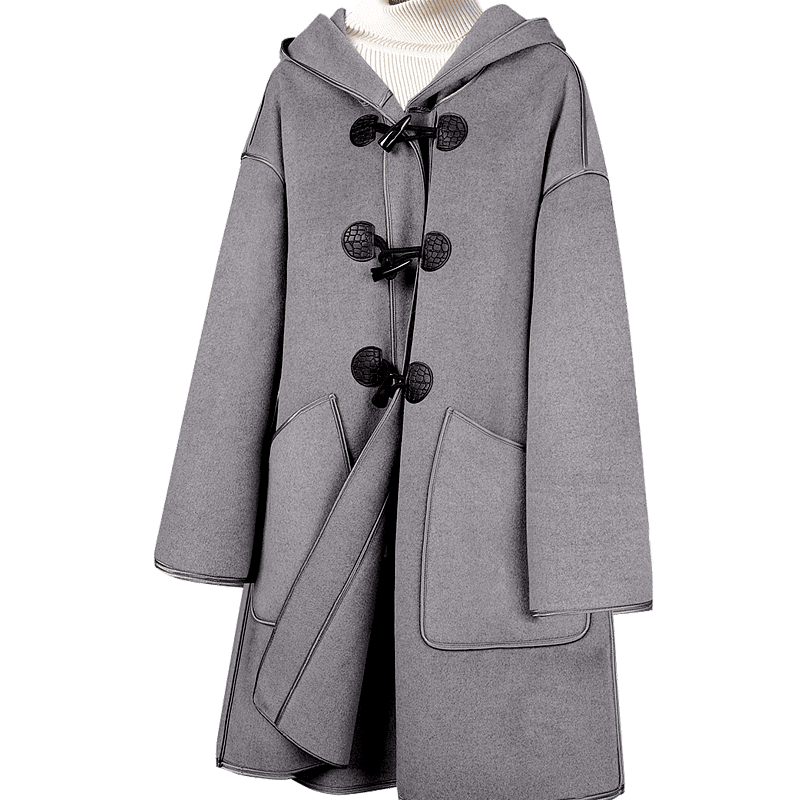 Dme Vintage Youthful Spring Autumn Hooded Straight Long Sleeve Drop Shoulder Double-Sided Wool Toggle Coat Women Mid-Length