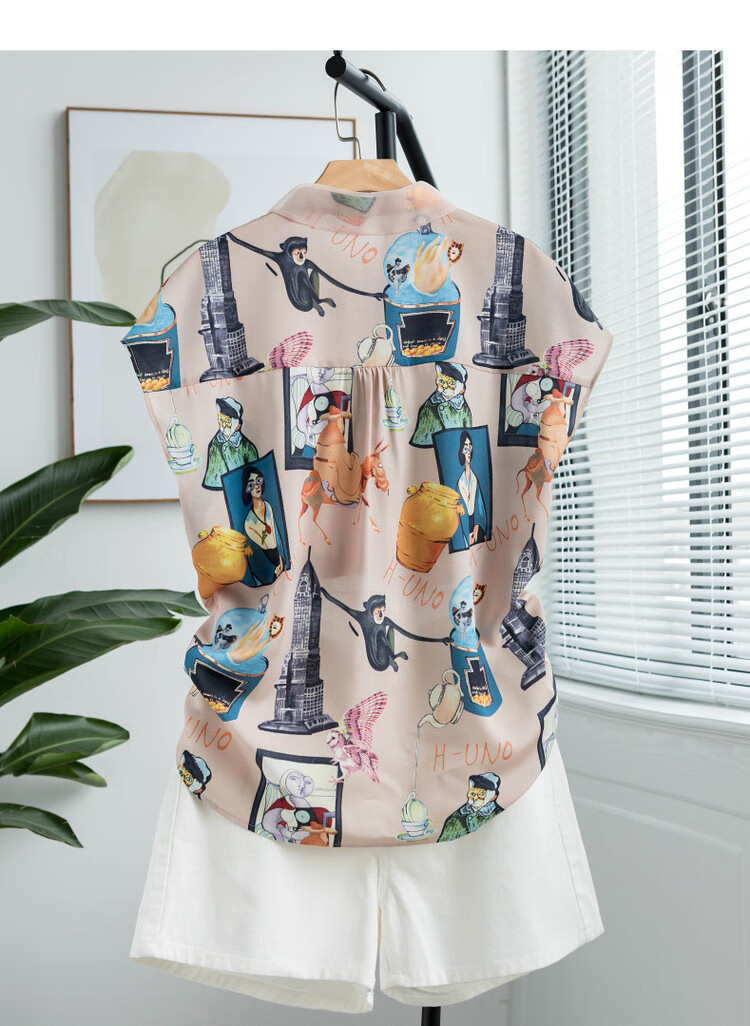 Dme [Abstract Printed And Dyed Blouse], Summer Turndown Collar Pocket Patchwork Organdy Shirt, Women's Top 16