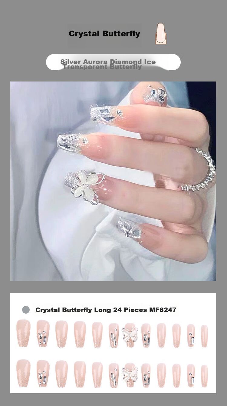 Meifuyu Nail Stickers (Crystal Butterfly), Long Fake Nails, Jelly Gel Removable, with Tools, MF8247 5