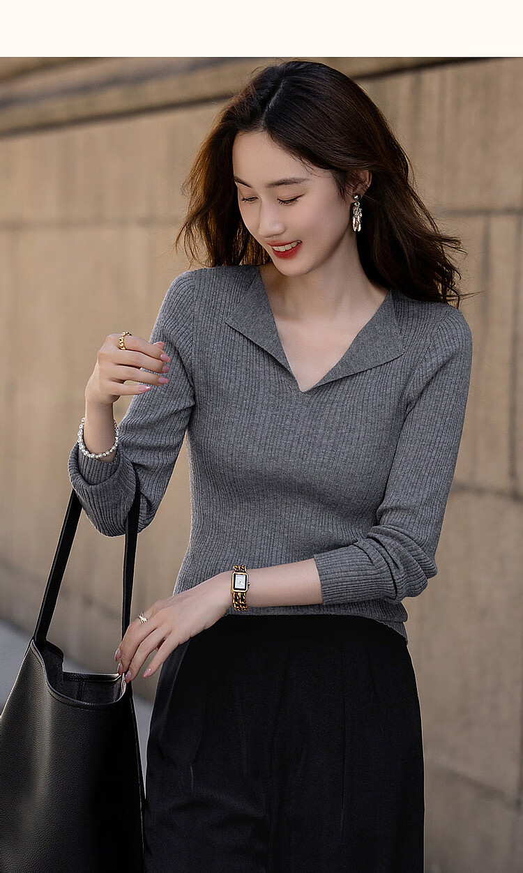 Dme [French Workplace OOTD] Summer Cloud-Feel Lightweight Lapel Sweater, Simple Style Long-Sleeve Knit Top for Wome 14