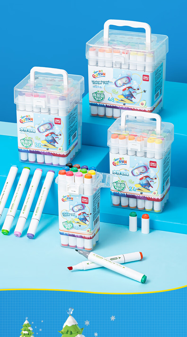 Deli (Deli) Stationery, 12 Colors Food-Grade Markers, Children's Thick Triangular Dual-Tip Water-Based Colored Pens, Student Art Supplies, New Year Tree Special Drawing Fluorescent Pens, Sketching And Watercolor Pens 5