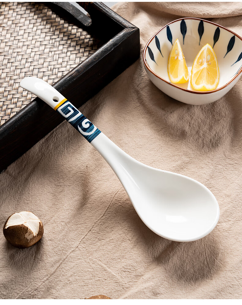 Onlycook Ceramic Soup Ladle And Rice Spoon, Large Dining Spoon Ceramic Tableware, Soup Spatula with Hole for Hanging, White Fruit Green Large Size 12
