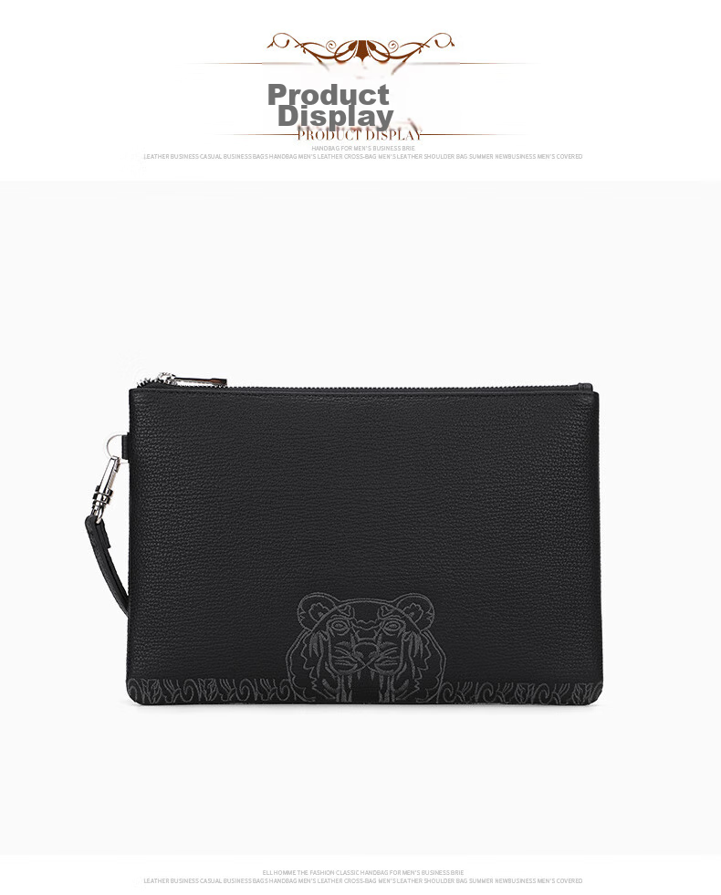 ELLE HOMME Business Boutique Same Style Clutch Bag, Men's Top-Grain Leather Handbag, Tiger Head Embroidery Large Capacity Casual Handbag Envelope Bag EB058701401 Black, Birthday Gift for Boyfriend 9