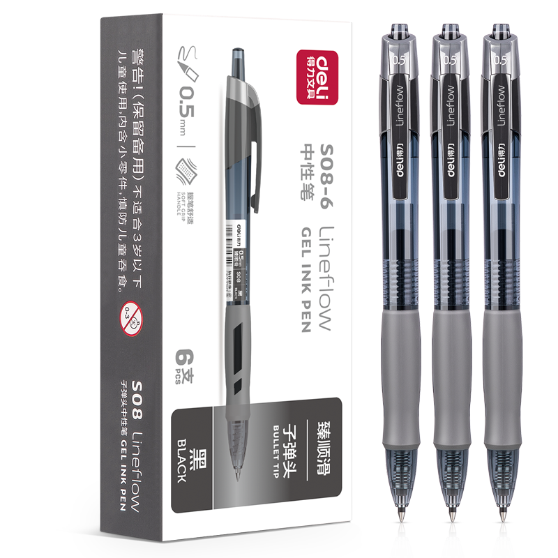 Deli Premium Smooth Office Gel Pen 0.5mm Bullet Tip Retractable Black Ink 6pcs/Box S08-6
