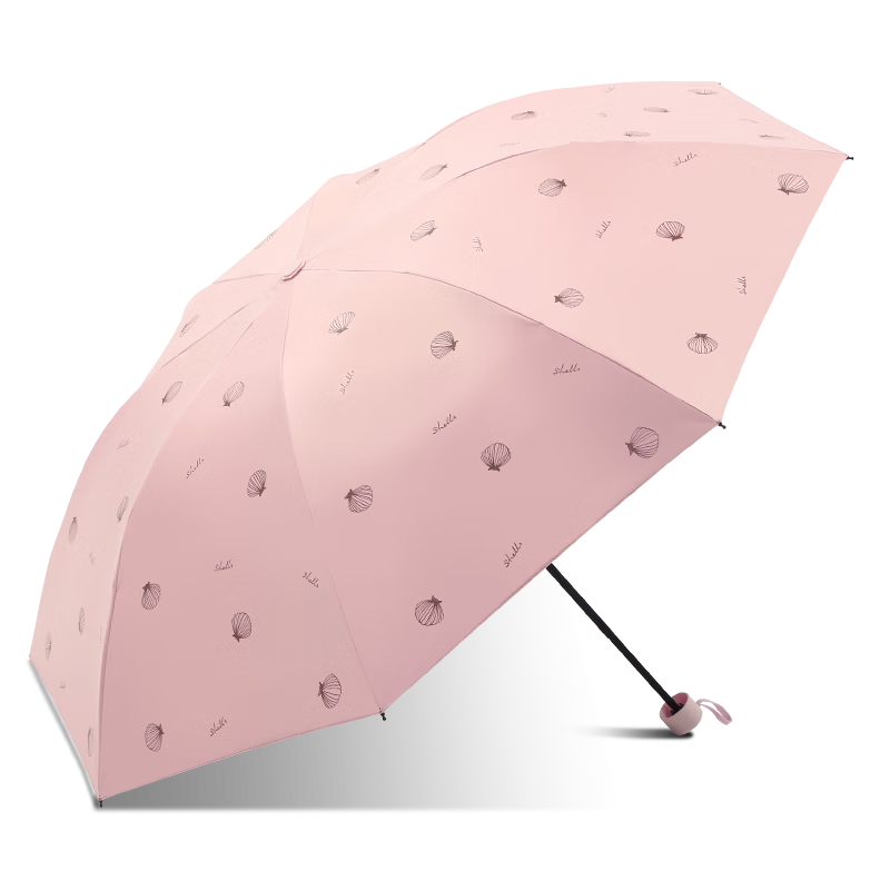 Tiantangshan Sun Protection Umbrella, Three-Fold, Black Gel Sunshade Umbrella, Shell Pattern, Three-Fold Umbrella for Sunny And Rainy Days, If Skin Pink
