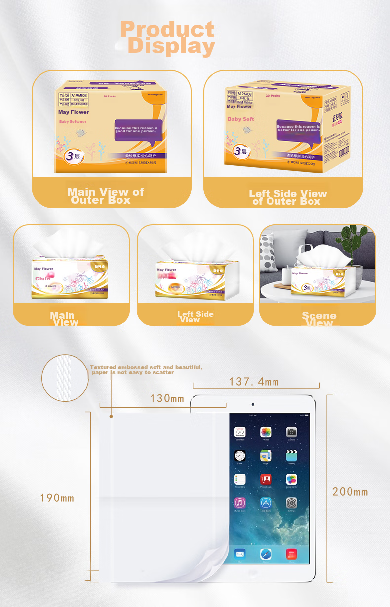 May Flower Facial Tissues, 3-Ply, 120 Sheets*20 Packs, Size S, Soft And Thick, Gentle on Skin, Whole Box Packaging 7