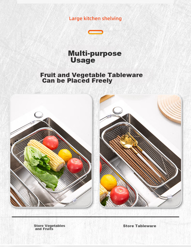 Newair Stainless Steel Draining Basket, Sink Drainer Rack, Extendable Dish Rack, Dishwashing Sink Fruit And Vegetable Washing Basket, Storage Rack 4