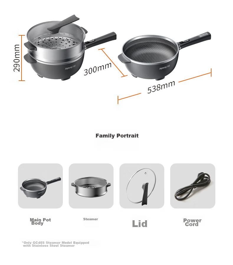 Joyoung Electric Wok And Cooker with Precise Temperature Control, Multi-Functional Household Electric Hot Pot, 2200W High Power, All-In Steaming And Cooking Pot [Steamer Model] GC45S 16