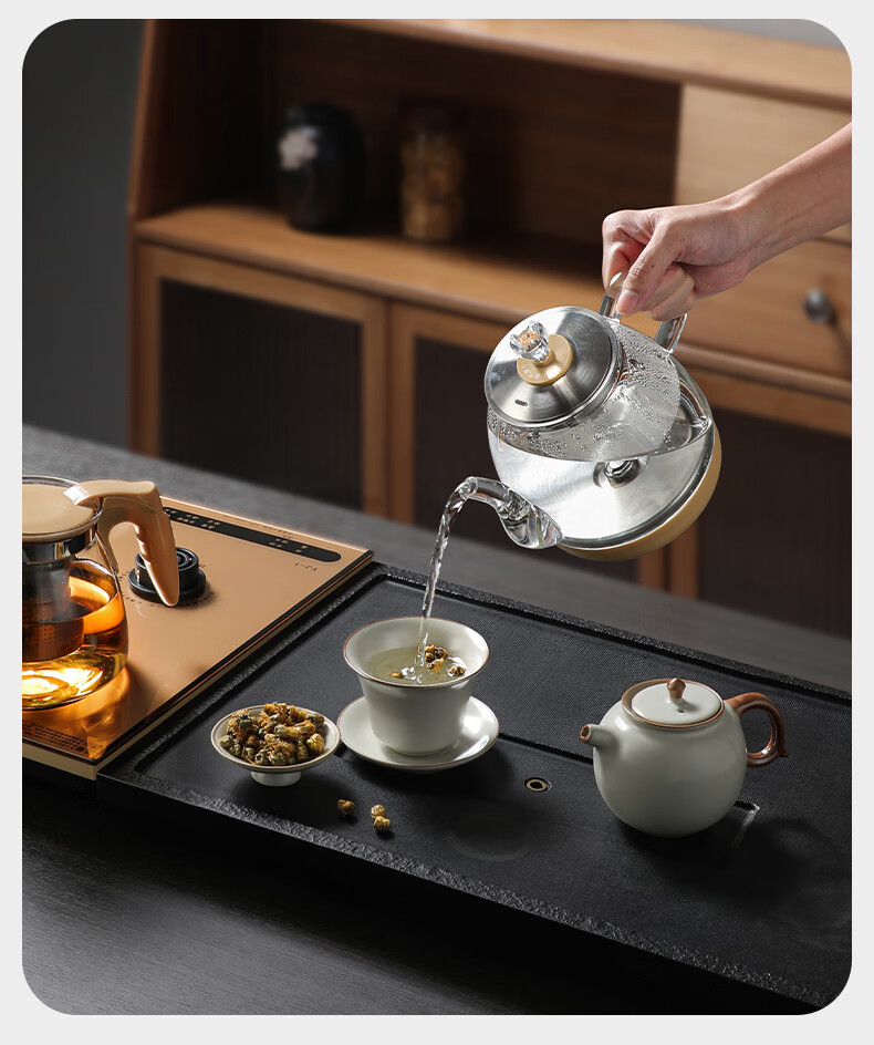 Biooner Fully Automatic Water-Filling Electric Kettle, Home Office Tea Table All-In Machine, Tea Table, Coffee Table, Built-In Tea Set, Rose Gold Three-Piece Set 6