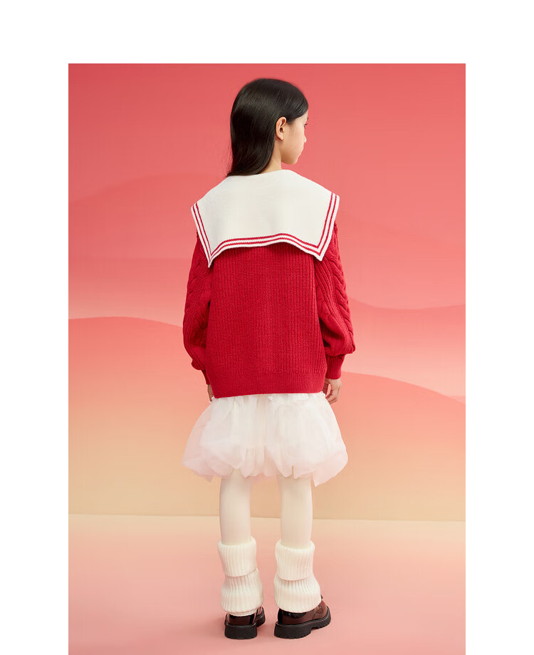 BALABALA Girls' Red Sweater, Children's Knitted Cardigan, Spring And Winter Wear, Contrasting Colors, Warm Open-Front Desig 13