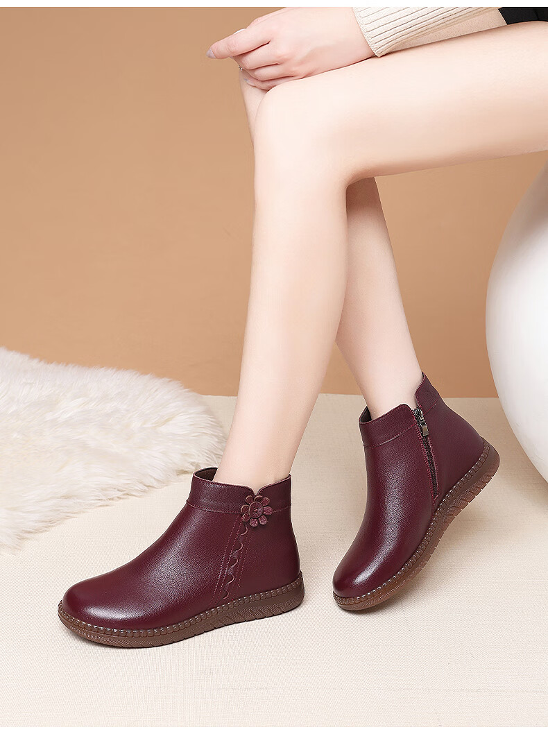 Red Dragonfly Women's Mid-Aged and Elderly Mom Boots, Fleece-Lined Warm Handmade Cowhide Soft Leather Ankle Boots WLC435221R 4