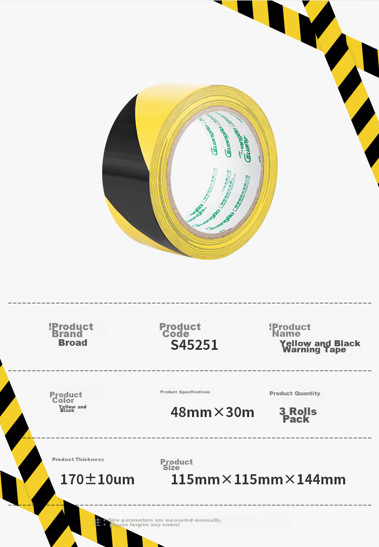 GuangBo 3-Roll Pack Black And Yellow Diagonal Warning Tape, 48mm*30m Single Roll, Waterproof Reflective Tape, Zebra Tape, Fire Isolation Tape, Caution Marking Line, Factory Warehouse Office S45251 3