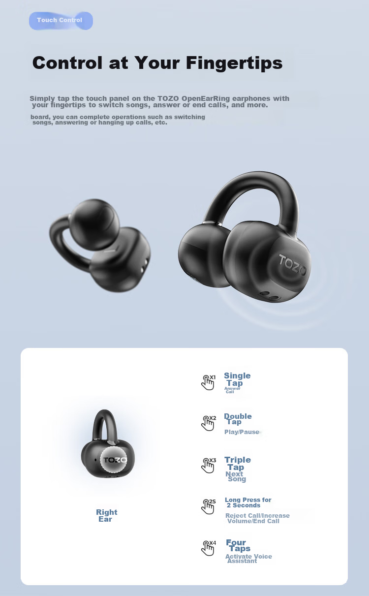 TOZO Open-Ear Headphones, Wireless Bluetooth Earphones for Running And Sports, AI Smart Translation, New Model Open Ear Ring Compatible with Apple, Huawei, Xiaomi 15